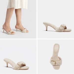 Coach Shearling and Leather Buckle Kitten Heels Slip On Mules